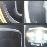 Detailansicht heller LED-Scheinwerfer mit Tagfahrlicht, Blinker und Abblendlicht für moderne Fahrzeugoptik