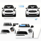 LED Scheinwerfer Upgrade: Vorher-Nachher-Vergleich der Frontscheinwerfer. KFZ Tuning für MINI Countryman