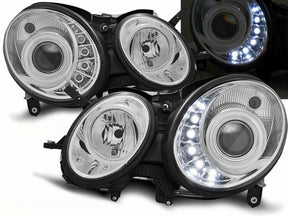 LED Scheinwerfer chrom Mercedes W211 E-Klasse 2002-2006 mit LED-Standlicht und Klarglas