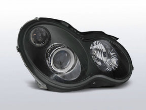 Schwarze Scheinwerfer für Mercedes W203 C-Klasse 07.2000-03.2004 mit LED-Akzenten und Klarglas