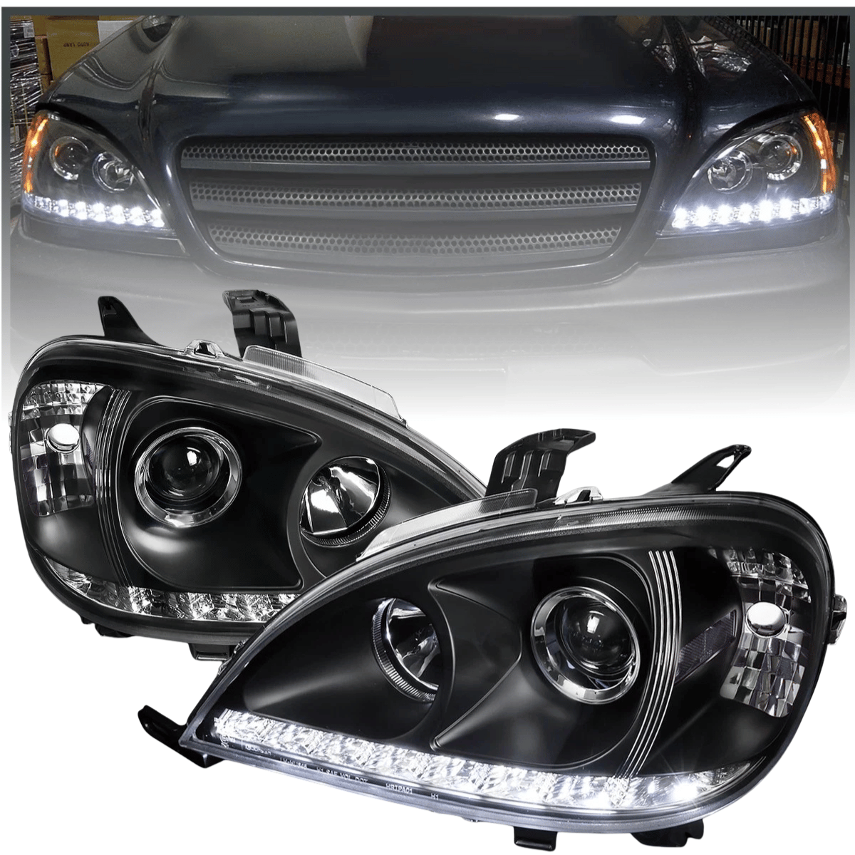 LED Scheinwerfer Set Schwarz für Mercedes W163 ML SUV 09.2001–2005 LED Standlicht  - Modellpflege