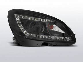 Schwarzes LED Scheinwerfer Set H7 für Mercedes W204 2007-2010 mit Tagfahrlichtstreifen