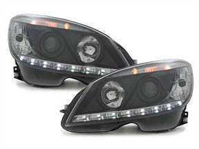 Schwarze LED Scheinwerfer für Mercedes C-Klasse W204 2007-2010 mit Tagfahrlicht-Optik