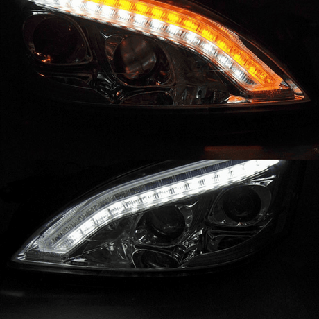 LED Scheinwerfer mit Tagfahrlicht für KFZ-Tuning, orange und weiß leuchtend