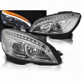 LED Light Tube Scheinwerfer chrom Mercedes W204 C Klasse 2007-2010 mit Tagfahrlicht-Optik