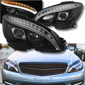 LED Tube Light Scheinwerfer Set in Schwarz für Mercedes C-Klasse W204 2007–2010 mit Dynamischem LED Blinker - CR Tuning