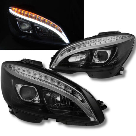 Schwarze LED Scheinwerfer für Mercedes SLK R172 mit Tagfahrlicht-Streifen und Blinker