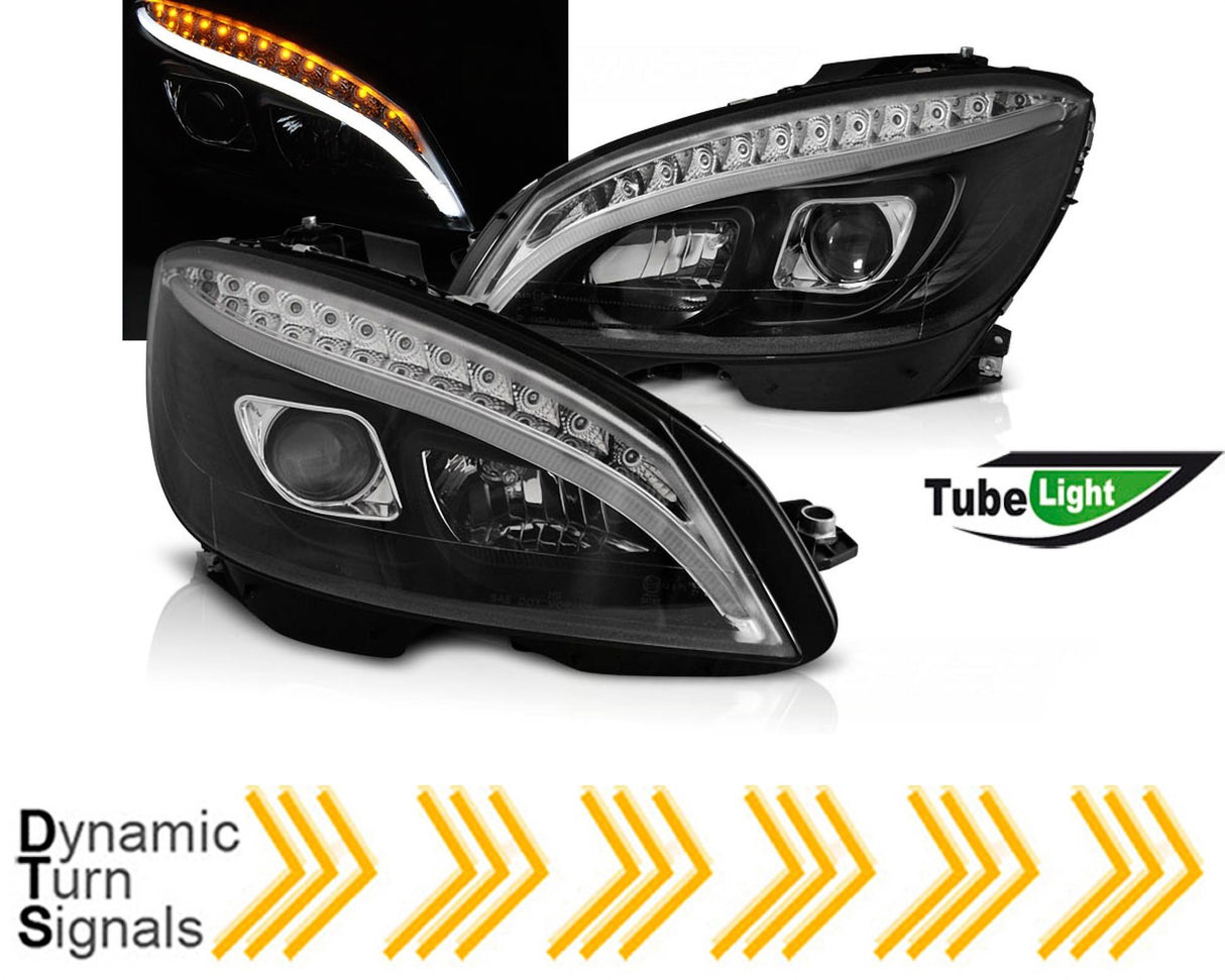 LED dynamische Blinker Light Tube Scheinwerfer in schwarz für Mercedes W204 C Klasse 2007-2010