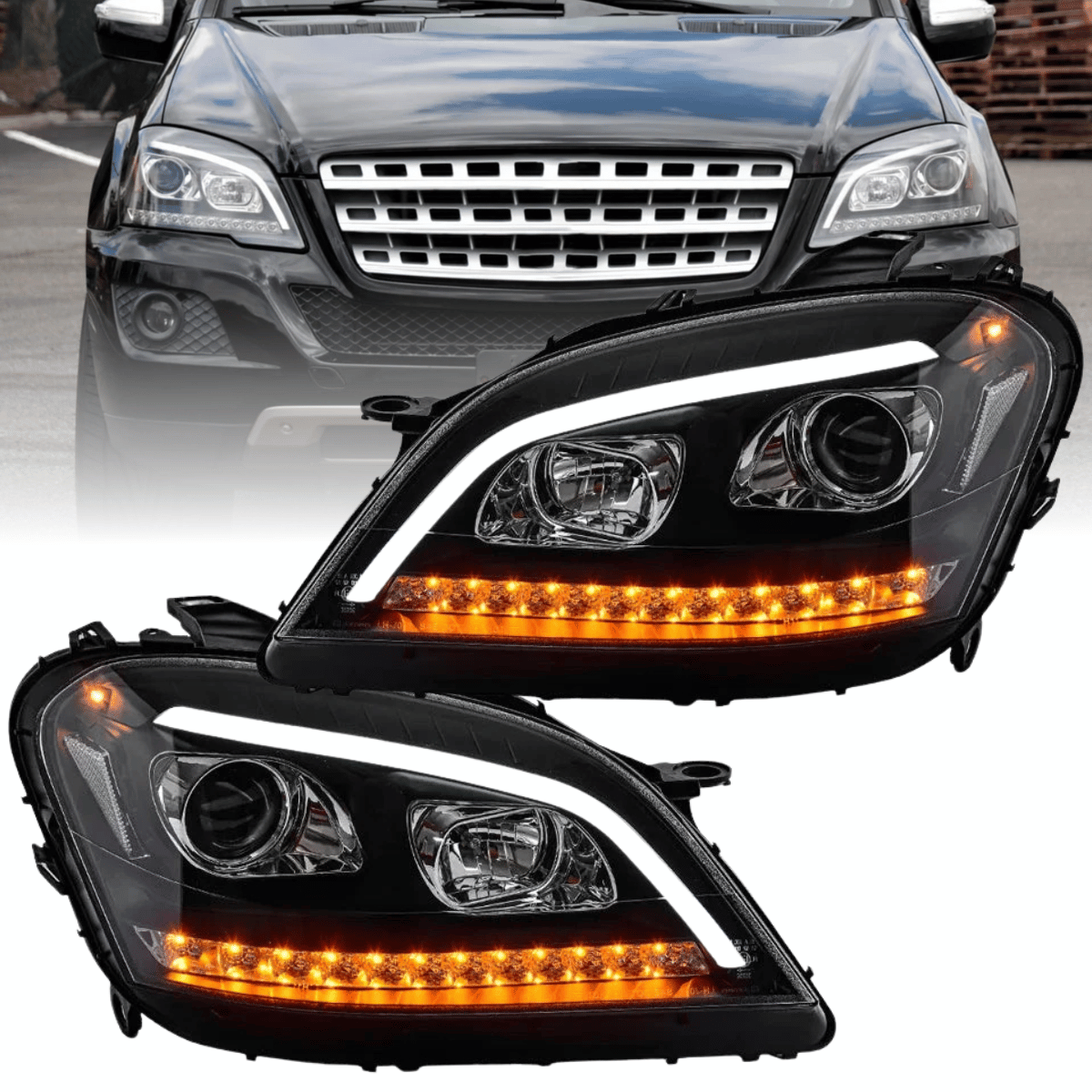 Light Tube Scheinwerfer Set Schwarz dynamischem LED Blinker für Mercedes W164 ML M-Klasse 2009–2011 Facelift
