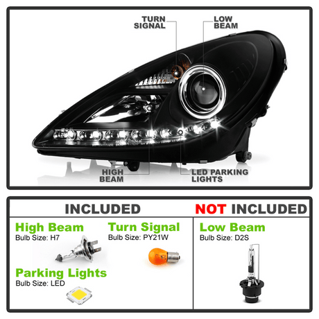 Schwarze LED-Scheinwerfer mit Tagfahrlicht für Porsche 911 997, inkl. H7 High Beam, exkl. D2S Low Beam