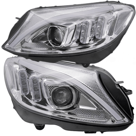 LED Scheinwerfer Set Chrom für Mercedes C-Klasse W205 Limousine & Kombi 2014–2018 mit dynamischen Blinkern & LED Tagfahrlicht - CR Tuning