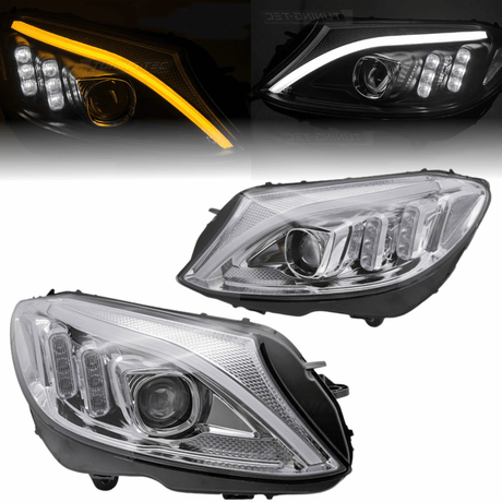 LED Scheinwerfer Set Chrom für Mercedes C-Klasse W205 Limousine & Kombi 2014–2018 mit dynamischen Blinkern & LED Tagfahrlicht - CR Tuning