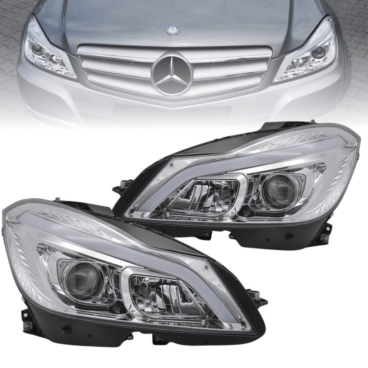 LED Scheinwerfer Set Chrom für Mercedes C-Klasse W204 2011–2014 mit LED Tagfahrlicht