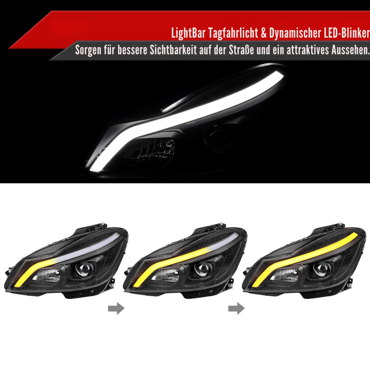 LED Scheinwerfer Set Matt Schwarz für Mercedes C-Klasse W204 2011–2014 mit LED Tagfahrlicht