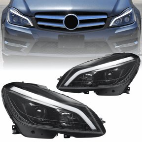 LED Scheinwerfer Set Hochglanz Schwarz für Mercedes C-Klasse W204 2011-2014 mit LED Tagfahrlicht