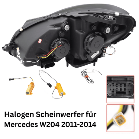 Halogen Scheinwerfer für Mercedes W204 2011-2014 mit Kabel und Widerständen, Rückansicht