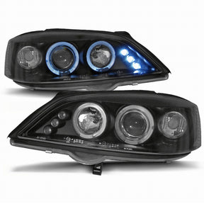 Schwarze Angel Eyes Scheinwerfer für Opel Astra G 1998-2004 mit blauen Ringen und LEDs
