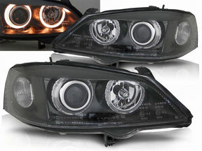 Scheinwerfer schwarz mit Angel Eyes Ringen und LED Standlicht für Bj 1998-2004 für Opel Astra G