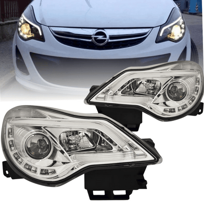 Scheinwerfer Set mit LED Tagfahrlicht für Opel Corsa D 2011–2014 Chrom