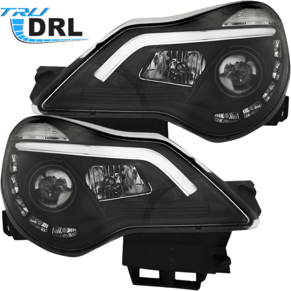 TRU DRL LED Scheinwerfer für Opel Corsa D schwarz mit Tagfahrlicht-Streifen