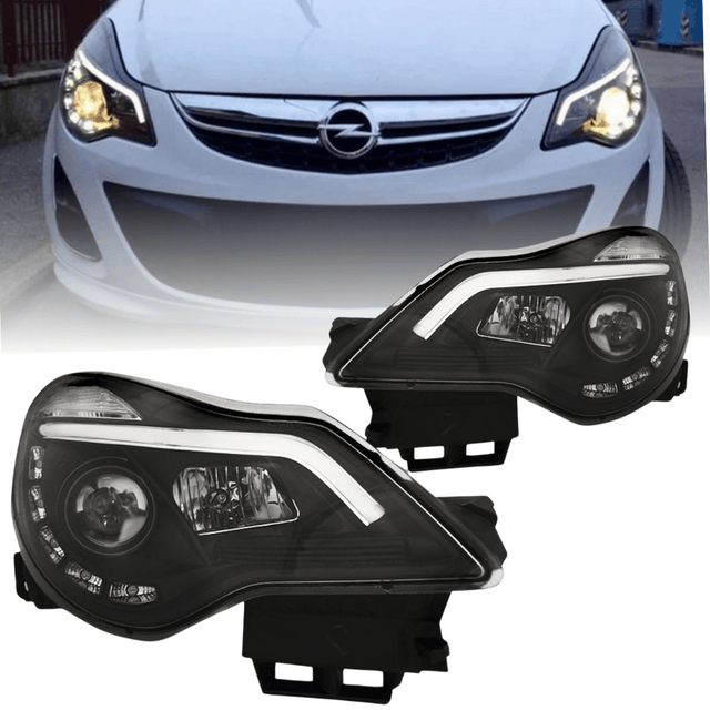 Schwarze LED Scheinwerfer für Opel Corsa D Facelift 2011-2014 mit Tagfahrlicht Funktion