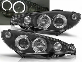 Scheinwerfer schwarz 1998-2007, LED Tagfahrlicht Ringe für Peugeot 206 Angel Eyes