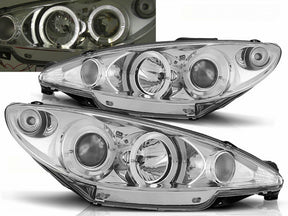 Angel Eyes Scheinwerfer chrom für Peugeot 206 98-02, LED Ringe, Tuning Scheinwerfer