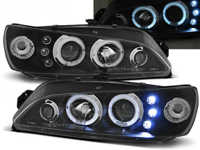 Schwarze LED Angel Eyes Scheinwerfer für Peugeot 306 1997-2001, mit blauen Standlichtringen