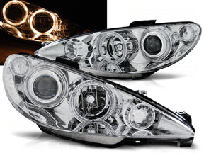 Chrom Angel Eyes Scheinwerfer für Peugeot 206 ab 2002, Tuning Scheinwerfer mit Ringen