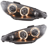 Scheinwerfer Set 2002-2007 Angel Eyes schwarz, LED Tagfahrlicht Ringleuchten für Peugeot 206