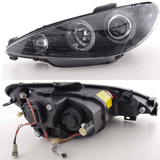 DEPO Scheinwerfer für Peugeot 206 schwarz mit Doppelringoptik und Klarglas, Rückseite mit Anschlüssen