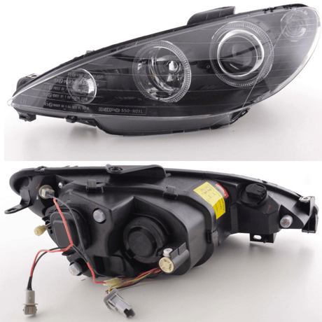 DEPO Scheinwerfer für Peugeot 206 schwarz mit Doppelringoptik und Klarglas, Rückseite mit Anschlüssen