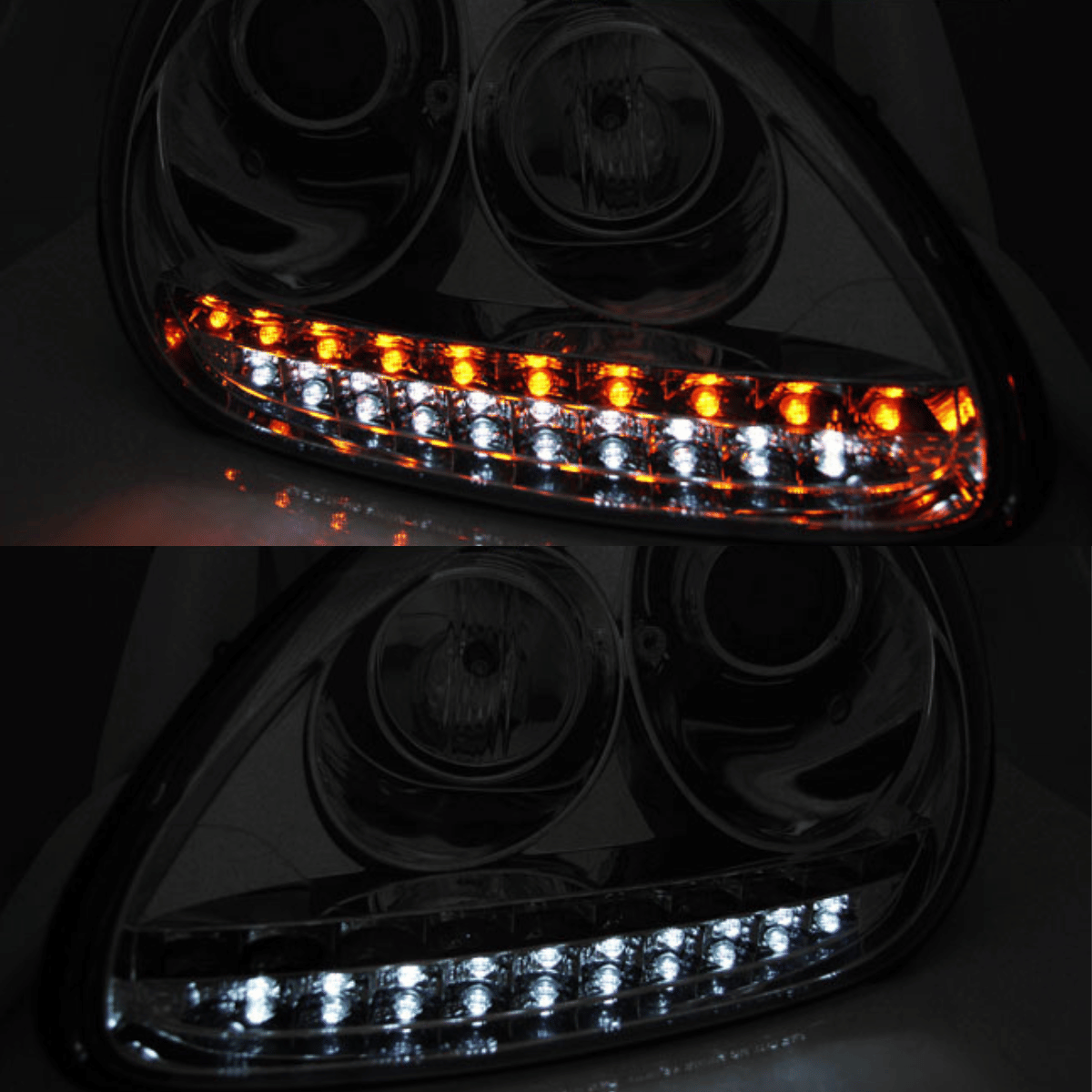 LED-Scheinwerfer mit Tagfahrlicht-Funktion für Fahrzeuge, mit weißem und orangem Licht