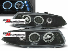 Angel Eyes Scheinwerfer schwarz für Rover 200 1995-2001 mit LED-Ringen und Wolf-Emblem