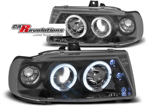 Schwarze LED Angel Eyes Scheinwerfer für Seat Ibiza/Cordoba/Polo 93-99, mit blauen Standlicht-LEDs