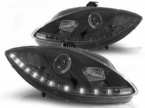 Schwarze LED Scheinwerfer für Seat Leon 1P 2005-2009 mit Tagfahrlicht-Streifen