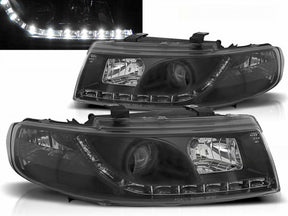 Schwarze LED Scheinwerfer für Seat Leon 1M 99-04 mit Tagfahrlicht-Optik, Tuning Scheinwerfer