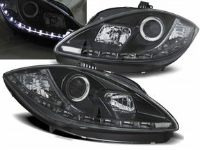 LED Scheinwerfer schwarz Seat Leon Altea 1P1 2009-2012 mit Tagfahrlicht-Optik und Ring-Scheinwerfer