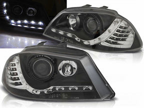 Schwarze LED Scheinwerfer für Seat Ibiza 6L 04-08 mit Tagfahrlicht-Optik und Chrom-Akzenten