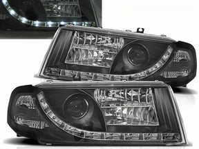 Schwarze LED Scheinwerfer für Skoda Octavia I 08.2000-10, Set mit Tagfahrlicht Streifen
