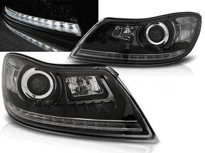 Schwarze LED Scheinwerfer für Skoda Octavia 2009-2012 mit Tagfahrlicht-Streifen und Ring
