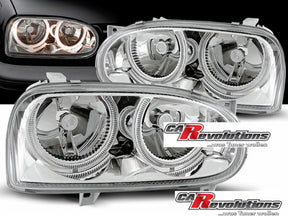 Angel Eyes Scheinwerfer Set chrom VW Golf 3 1991-1997, Tuning Scheinwerfer mit Ringbeleuchtung