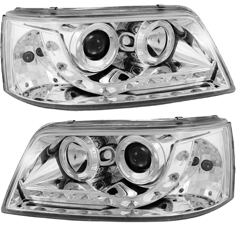 LED Scheinwerfer für VW T5 mit Doppel-Standlichtringen und integrierten Blinkern, Chrom