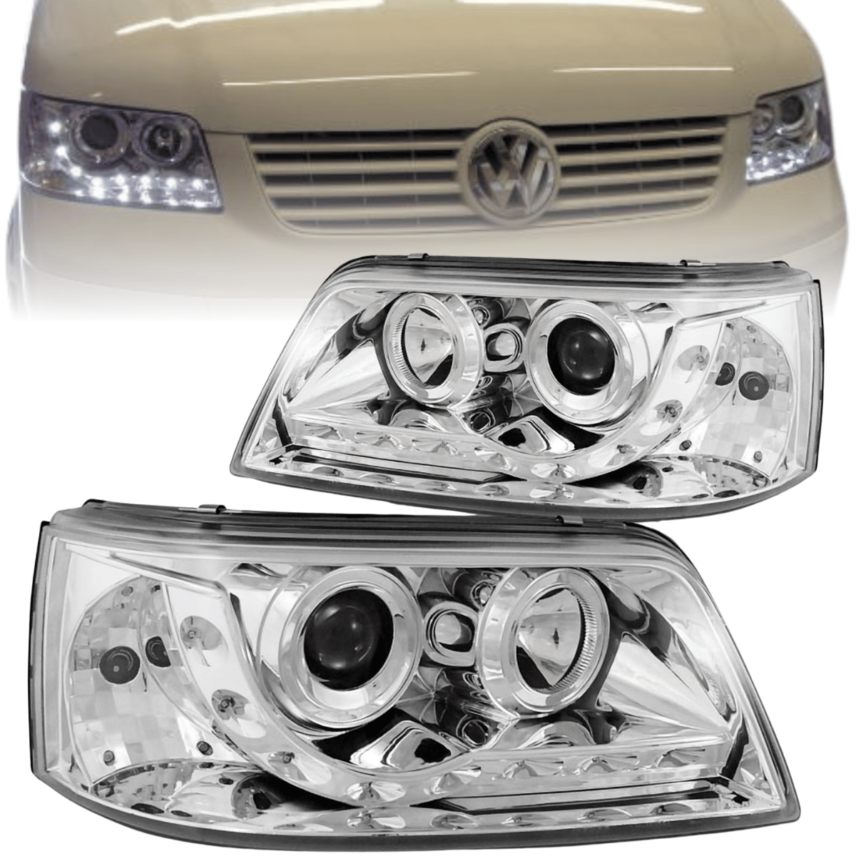Chrom LED Scheinwerfer Set für VW T5 Bus Multivan 04-09 inkl Stellmotor