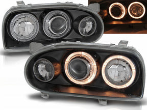 Scheinwerfer schwarz mit Angel Eyes Ringen, Set für Bj 91-97 für VW Golf 3