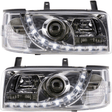 LED Scheinwerfer für VW T4 Bus mit Tagfahrlicht-Optik, klare Linsen, Chrom-Optik