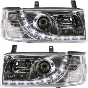 LED Scheinwerfer für VW T4 Bus mit Tagfahrlicht-Optik, klare Linsen, Chrom-Optik