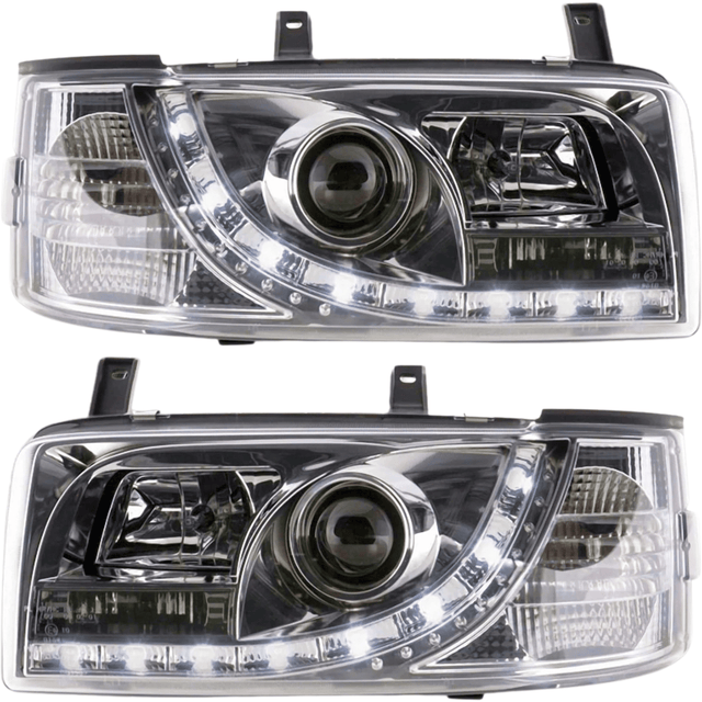 LED Scheinwerfer für VW T4 Bus mit Tagfahrlicht-Optik, klare Linsen, Chrom-Optik