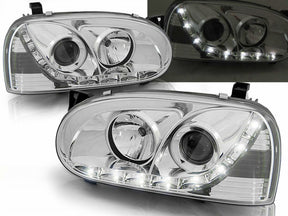 Chrom LED Scheinwerfer Set VW Golf 3 III 91-97 mit Tagfahrlicht-Optik