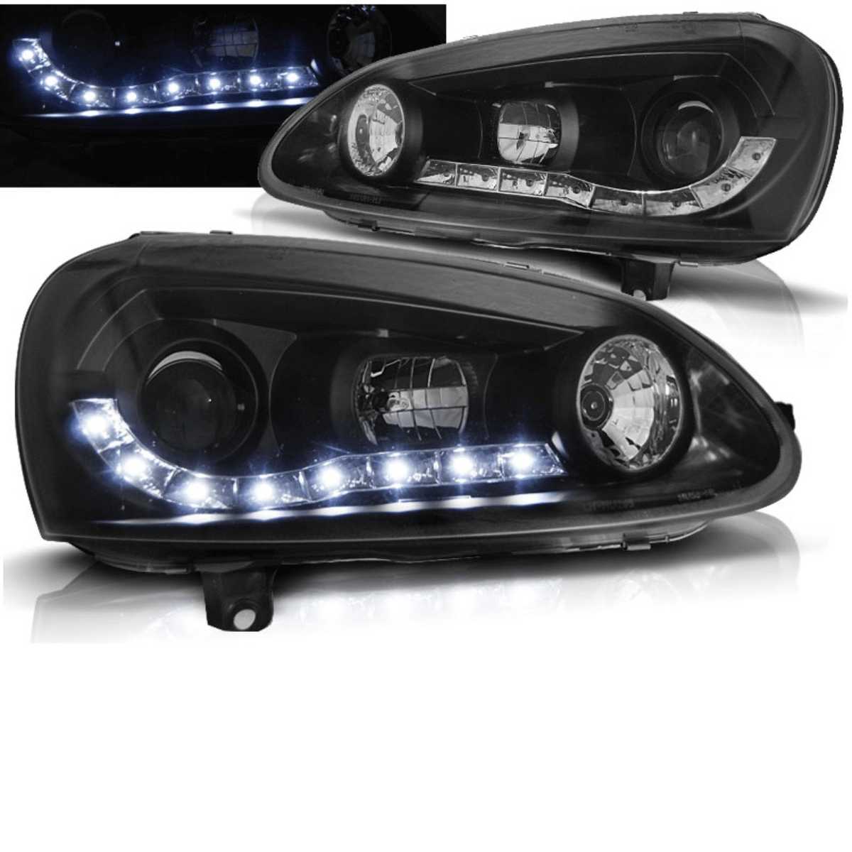 Schwarze LED-Scheinwerfer für VW Golf 4 mit Tagfahrlicht-Optik, Tuning Scheinwerfer